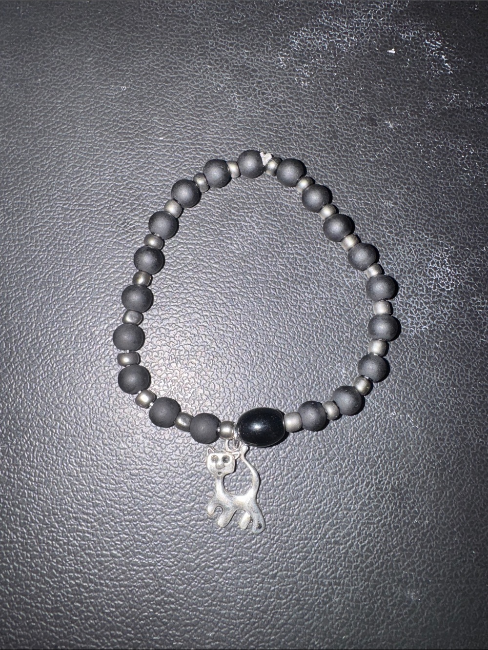Handmade Matte Black Beaded Bracelet with Cat Charm